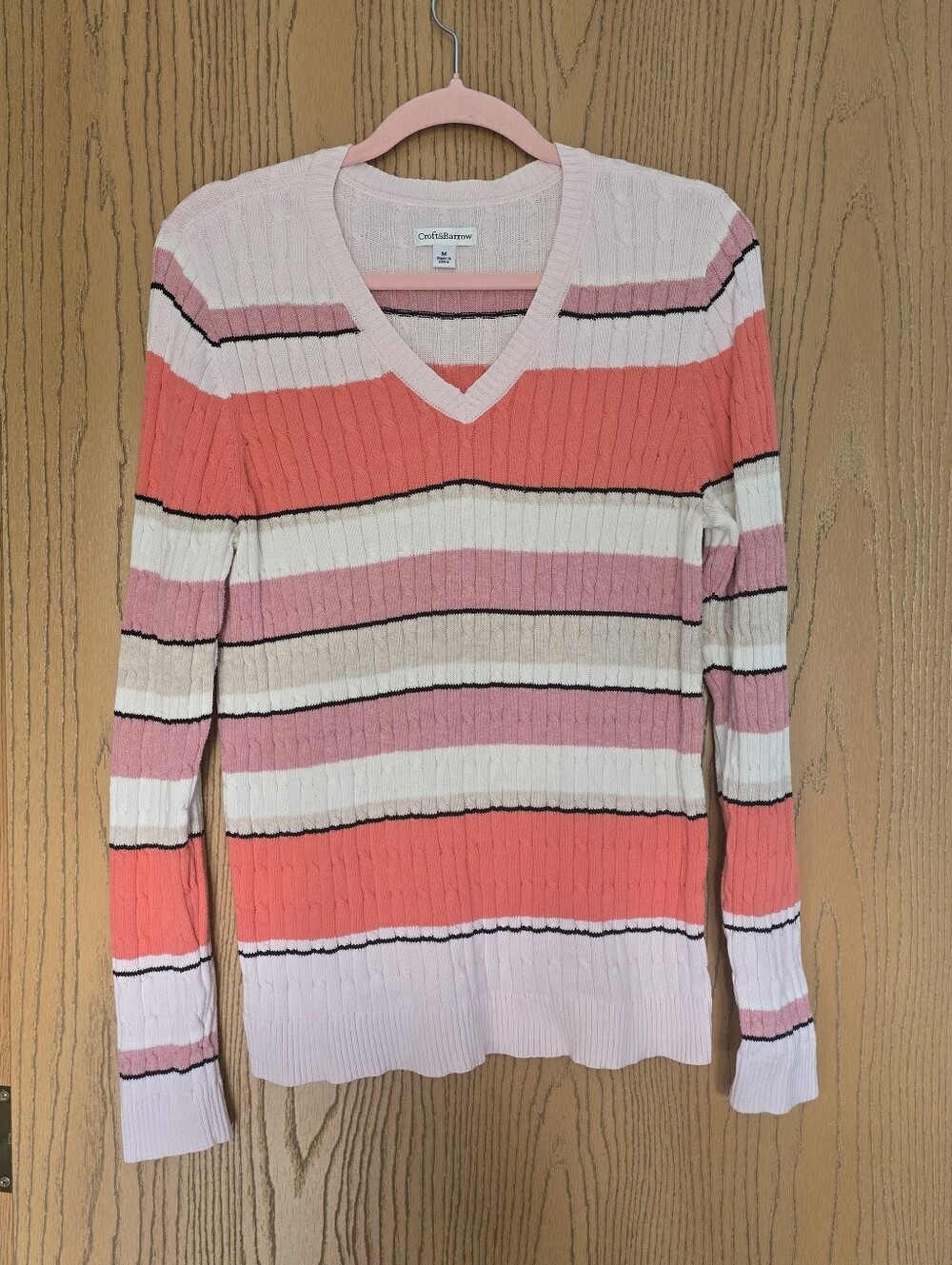 croft & barrow Coral, Pink & White Striped V-Neck Sweater